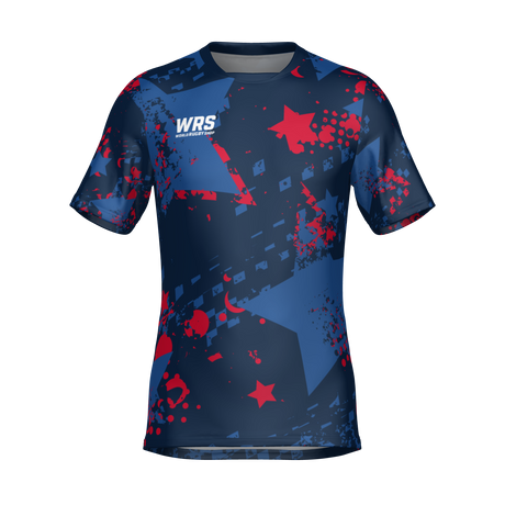 The Teamatical WRS MENS PRO JERSEY - PUNK STAR is a navy blue short-sleeve athletic shirt with a red star, paint splatter design, and "WRS" logo on the upper left chest.