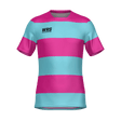 The WRS MENS PRO JERSEY - CLASSIC HOOP is a short-sleeved jersey with wide horizontal pink and light blue stripes, featuring the black "WRS" logo on the left chest.
