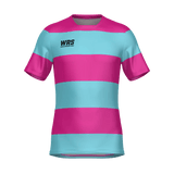 The WRS MENS PRO JERSEY - CLASSIC HOOP is a short-sleeved jersey with wide horizontal pink and light blue stripes, featuring the black "WRS" logo on the left chest.