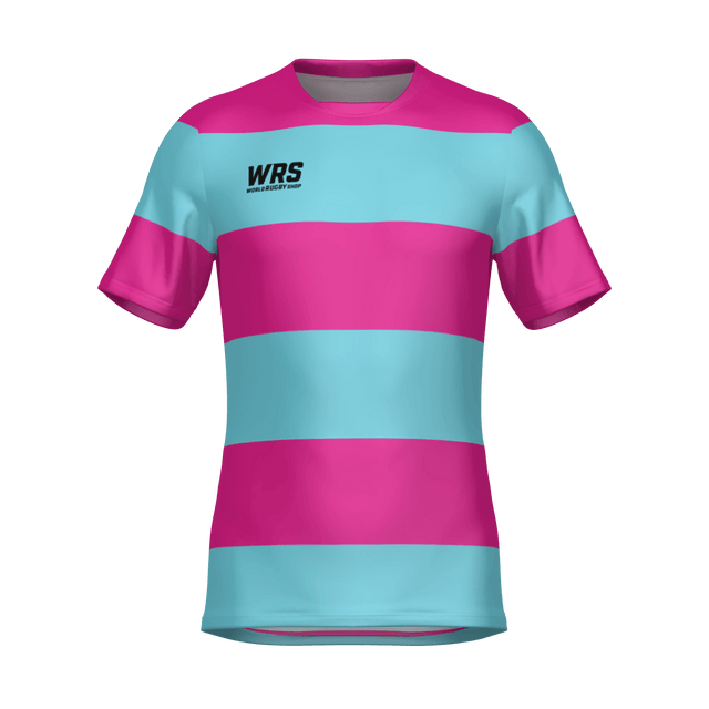 The WRS MENS PRO JERSEY - CLASSIC HOOP is a short-sleeved jersey with wide horizontal pink and light blue stripes, featuring the black "WRS" logo on the left chest.