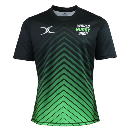 The Teamatical Gilbert Sublimated Pro Jersey - Mens features a black and green gradient with a chevron pattern, "World Rugby Shop" text, and a white chest logo.
