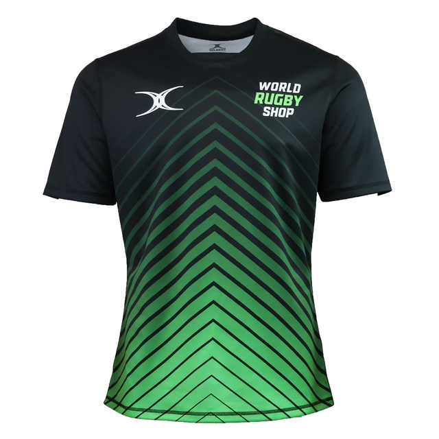 The Teamatical Gilbert Sublimated Pro Jersey - Mens features a black and green gradient with a chevron pattern, "World Rugby Shop" text, and a white chest logo.