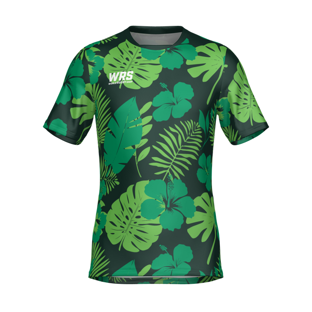The Teamatical WRS Mens Pro Jersey - Hawaiian features a green short-sleeve design with bold tropical leaf and hibiscus flower patterns, plus the "WRS" logo on the left chest.