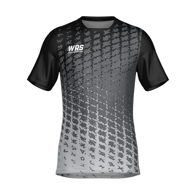 The Teamatical WRS Mens Pro Jersey - Crosshatch features short sleeves, a black and gray diagonal crosshatch pattern, and "WRS" text on the left chest.