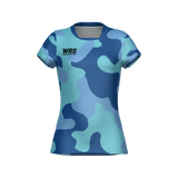 The Teamatical WRS Womens Pro Jersey - Camo is a blue camouflage short-sleeve shirt with a "WRS" logo on the upper left chest, shown on a plain white background.