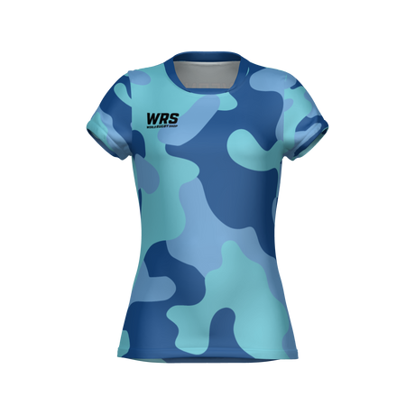 The Teamatical WRS Womens Pro Jersey - Camo is a blue camouflage short-sleeve shirt with a "WRS" logo on the upper left chest, shown on a plain white background.