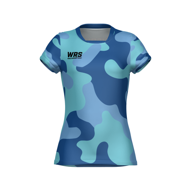 The Teamatical WRS Womens Pro Jersey - Camo is a blue camouflage short-sleeve shirt with a "WRS" logo on the upper left chest, shown on a plain white background.