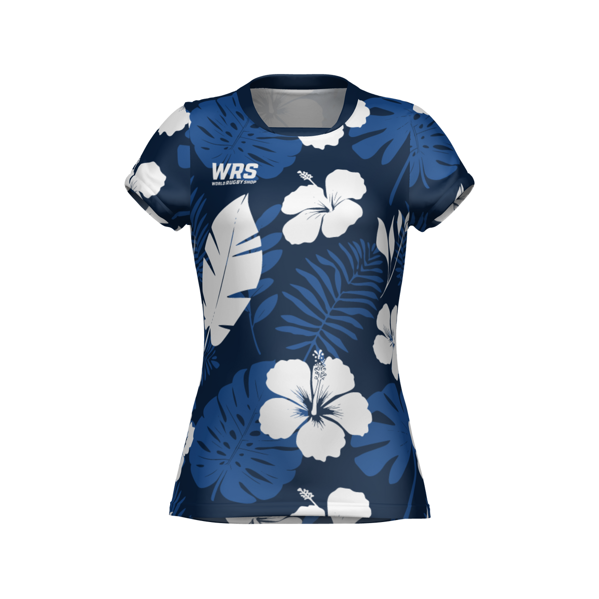 The Teamatical WRS WOMENS PRO JERSEY - HAWAIIAN is a short-sleeved women's shirt featuring a blue and white tropical floral design and the "WRS" logo on the upper chest.