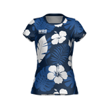 The Teamatical WRS WOMENS PRO JERSEY - HAWAIIAN is a short-sleeved women's shirt featuring a blue and white tropical floral design and the "WRS" logo on the upper chest.