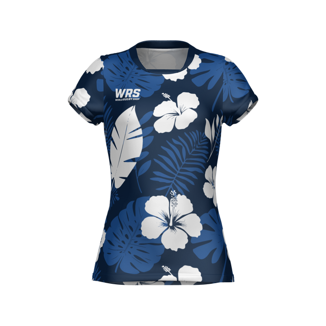 The Teamatical WRS WOMENS PRO JERSEY - HAWAIIAN is a short-sleeved women's shirt featuring a blue and white tropical floral design and the "WRS" logo on the upper chest.