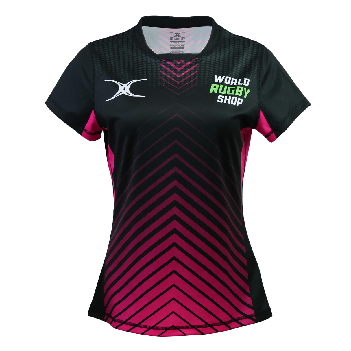 The Teamatical Gilbert Sublimated Pro Jersey – Womens features black and pink short sleeves, a chevron pattern, "World Rugby Shop" text, and a stylized X logo on the chest.