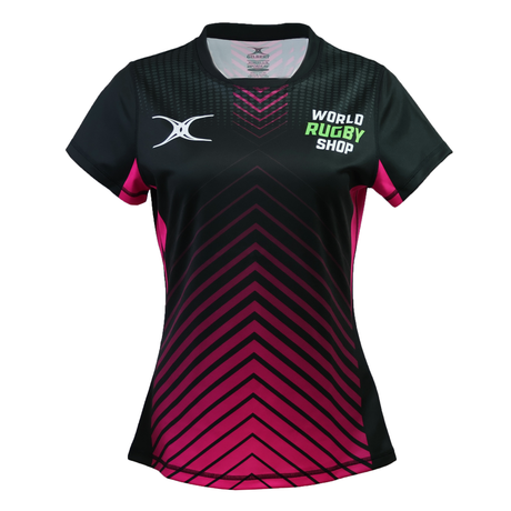 The Teamatical Gilbert Sublimated Pro Jersey – Womens features black and pink short sleeves, a chevron pattern, "World Rugby Shop" text, and a stylized X logo on the chest.