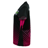 Side view of the Teamatical Gilbert Sublimated Pro Jersey - Womens, a short-sleeve sports top featuring black and magenta diagonal stripes with white and green text on the chest and upper back.