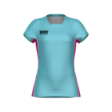 Light blue athletic shirt with pink accents on a white background