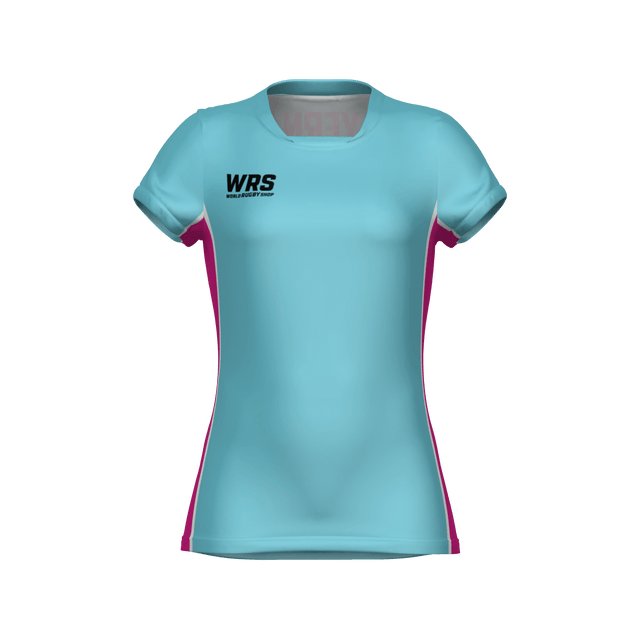 Light blue athletic shirt with pink accents on a white background