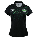 The Gilbert Sublimated Pro Collared Jersey - Womens by Teamatical is a black short-sleeve rugby jersey with green accents, featuring the "World Rugby Shop" logo on the chest and a white manufacturer logo on the left shoulder.