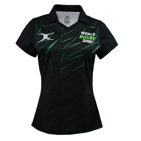 The Gilbert Sublimated Pro Collared Jersey - Womens by Teamatical is a black short-sleeve rugby jersey with green accents, featuring the "World Rugby Shop" logo on the chest and a white manufacturer logo on the left shoulder.