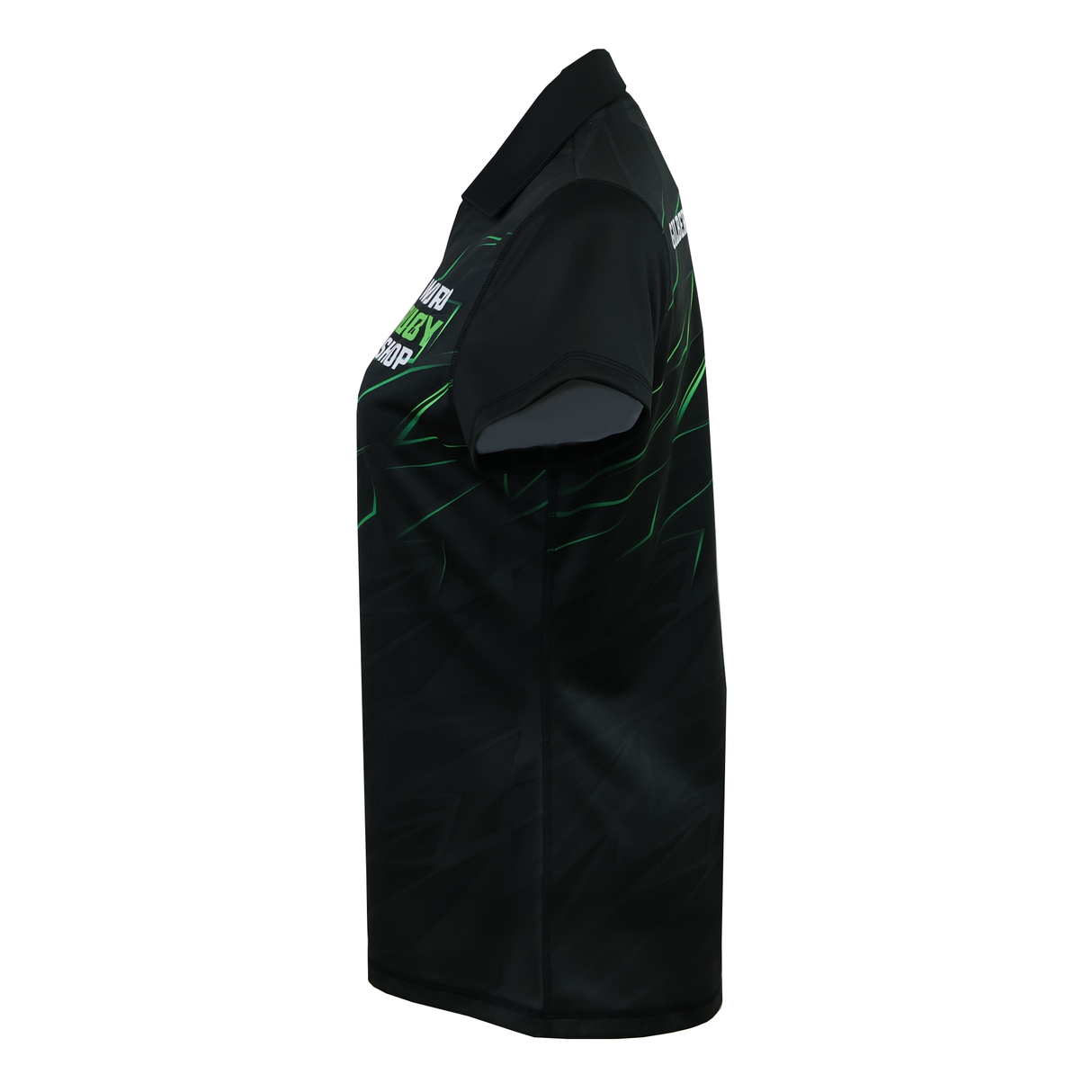 The Teamatical Gilbert Sublimated Pro Collared Jersey - Womens is a black short-sleeve polo featuring green graphic accents, displayed from the left side against a white background.