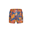 Colorful floral-patterned swim shorts on a white background