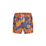 Colorful floral-patterned swim shorts on a white background