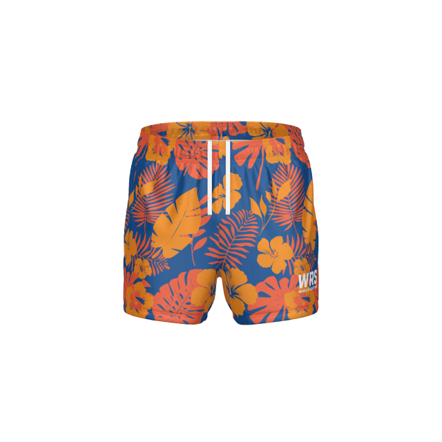 Colorful floral-patterned swim shorts on a white background