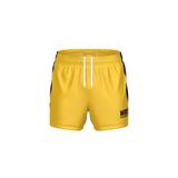 Yellow shorts with black accents on a white background