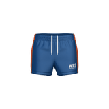 The WRS WOMENS PRO SHORT - CLEAN by Teamatical features blue fabric, red side stripes, white drawstrings, and a "WRS WORLD RUGBY SHOP" logo on the lower left thigh, shown against a plain white background.