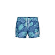 Blue floral-patterned swim shorts on a white background