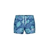 Blue floral-patterned swim shorts on a white background