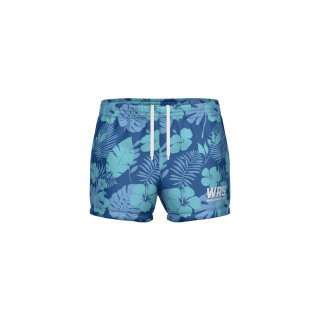 Blue floral-patterned swim shorts on a white background
