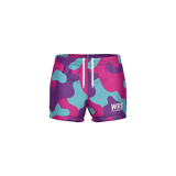 Colorful camouflage-patterned shorts with a visible brand logo on a white background