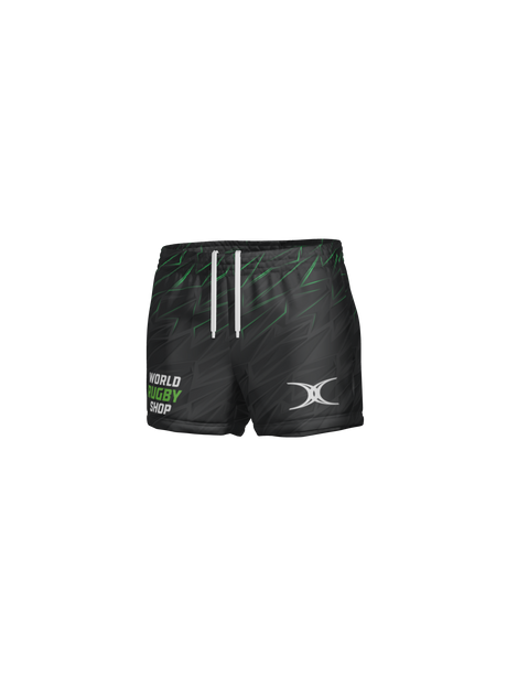 The Teamatical Gilbert Sublimated Pro Shorts - Womens feature green and gray diagonal accents, a white drawstring, "World Rugby Shop" and double crescent logos, and are made from durable stretch rip stop fabric.