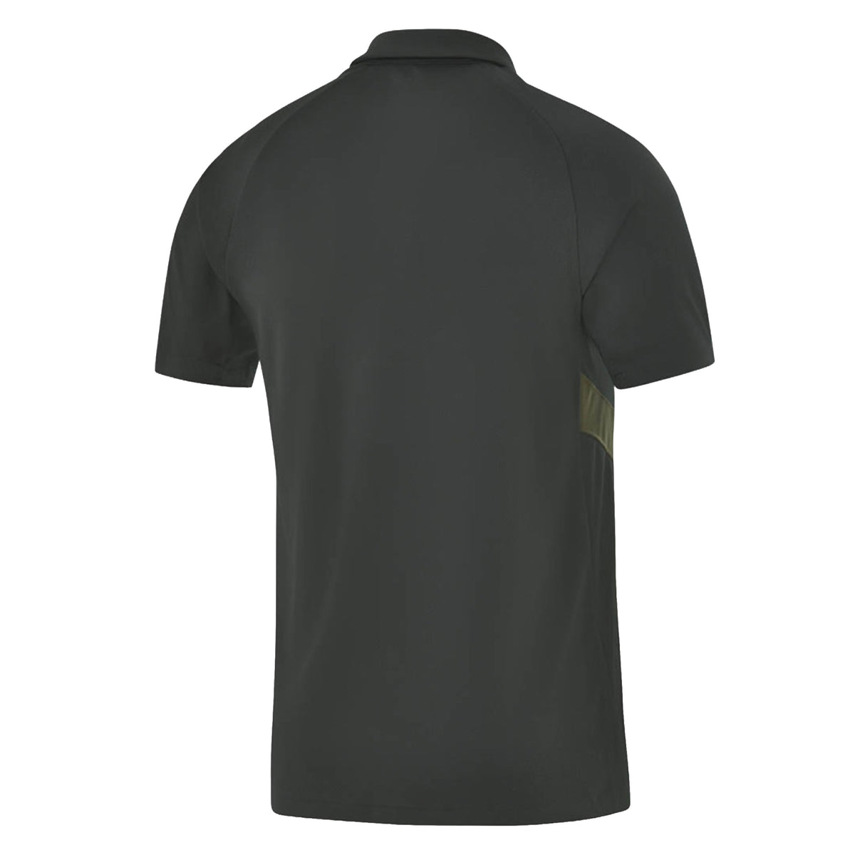 Back view of a black Nike RC Toulon Training Polo with olive green side panels.