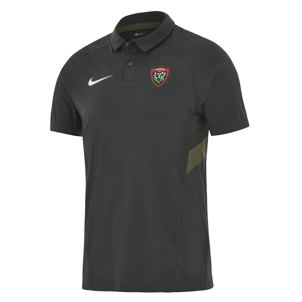Black short-sleeved RC Toulon Training Polo by Nike with a button placket, a white swoosh logo on the right chest, and a team crest on the left chest.
