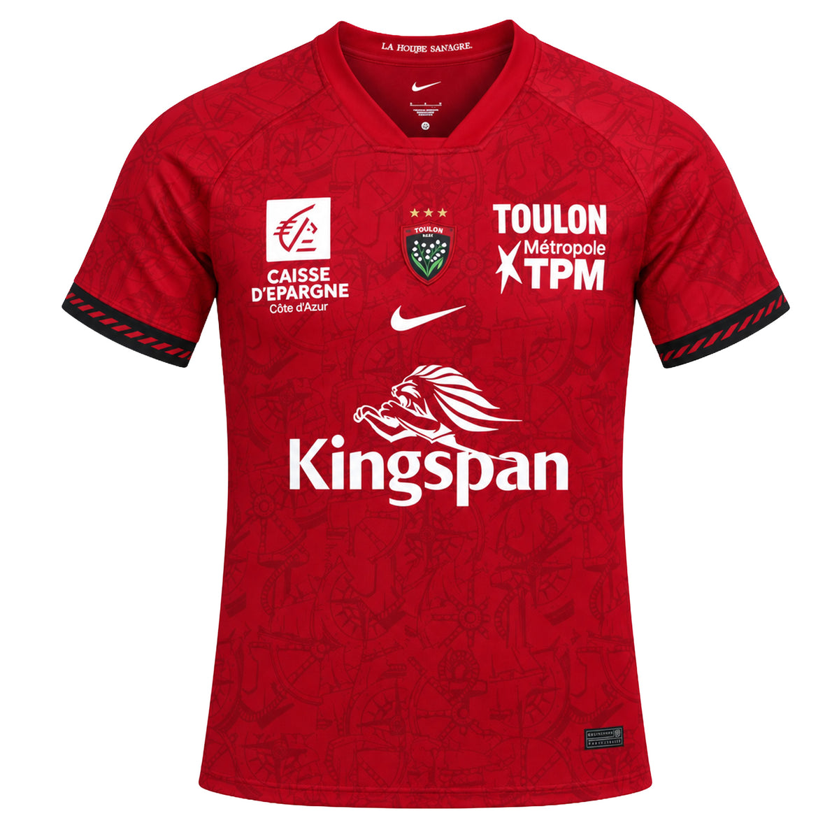 Red RC Toulon 26/27 Stadium Home Jersey by Nike with a tonal patterned print, black-and-red striped sleeve cuffs, and various team and sponsor logos on the chest.