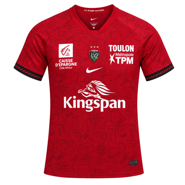 Red RC Toulon 26/27 Stadium Home Jersey by Nike with a tonal patterned print, black-and-red striped sleeve cuffs, and various team and sponsor logos on the chest.