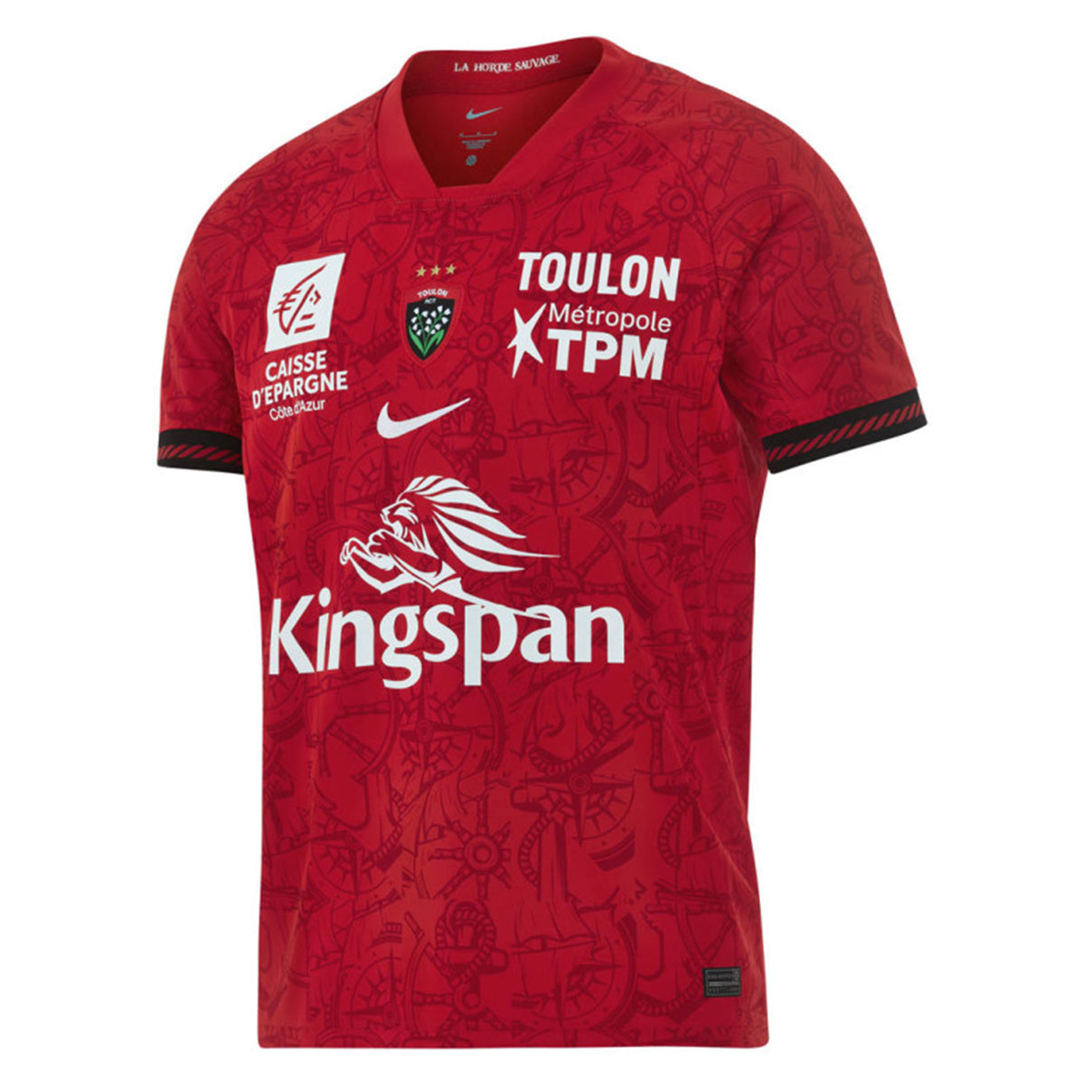 Red short-sleeved RC Toulon 26/27 Stadium Home Jersey by Nike featuring a team crest, sponsor logos, and a subtle pattern of compasses and nautical motifs.