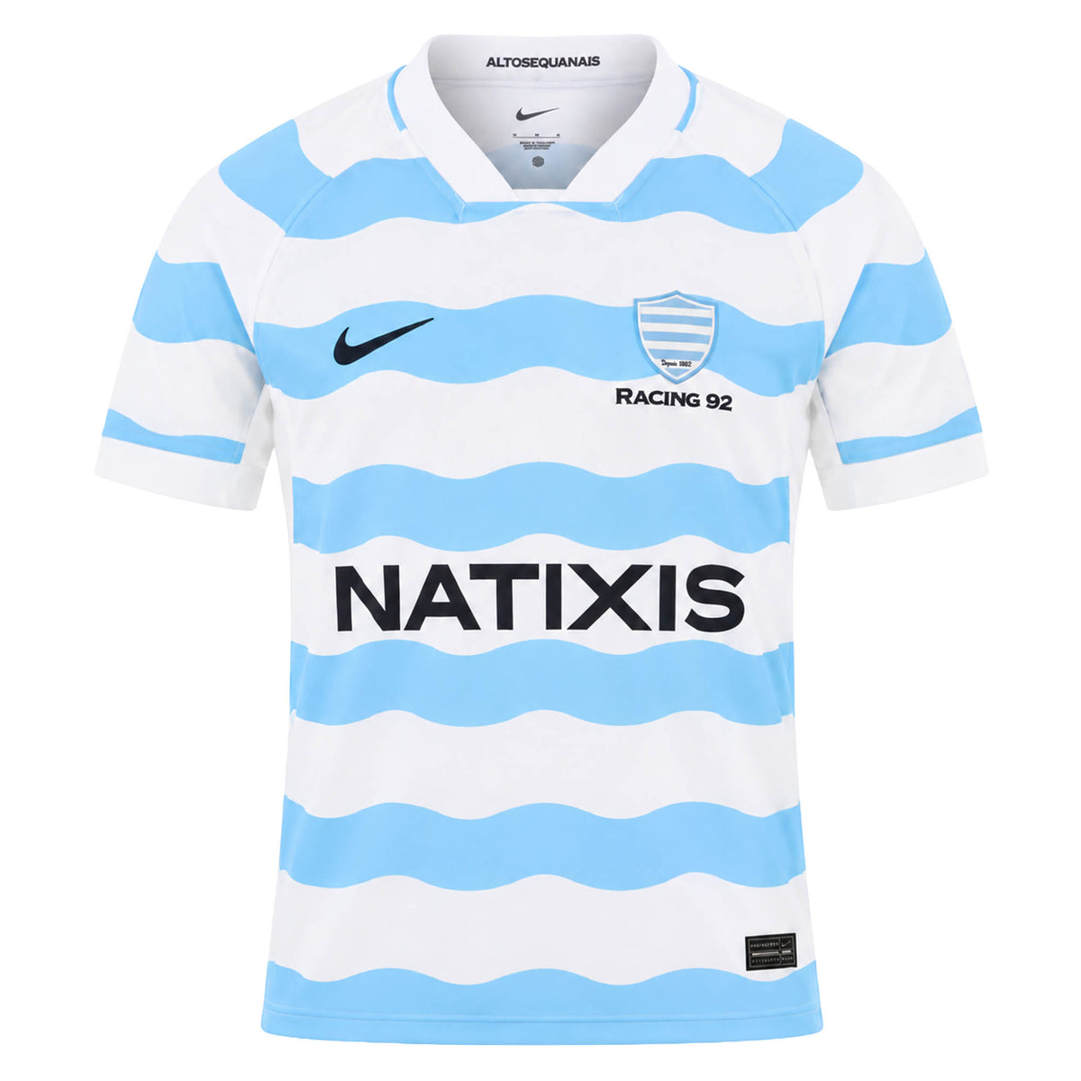 White short-sleeved Racing 92 26/27 Stadium Home Jersey by Nike featuring light blue wavy horizontal stripes, sponsor logos, and team branding on the chest.