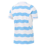 Back view of a short-sleeved Racing 92 26/27 Stadium Home Jersey by Nike with horizontal blue and white wavy stripes.