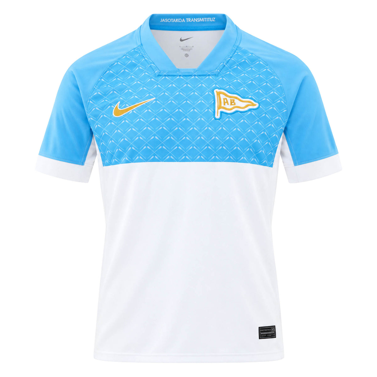 Aviron Bayonnais 26/27 Stadium Home Jersey by Nike in light blue and white, featuring a gold Nike swoosh and a gold pennant flag emblem with the letters AB.