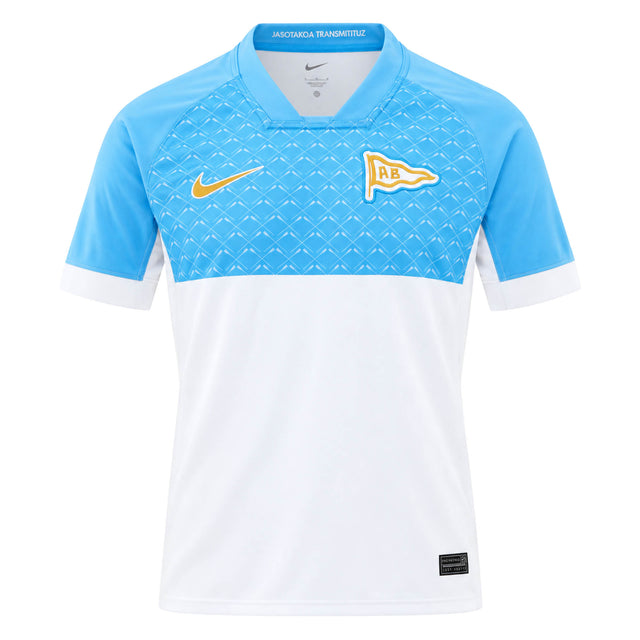 Aviron Bayonnais 26/27 Stadium Home Jersey by Nike in light blue and white, featuring a gold Nike swoosh and a gold pennant flag emblem with the letters AB.