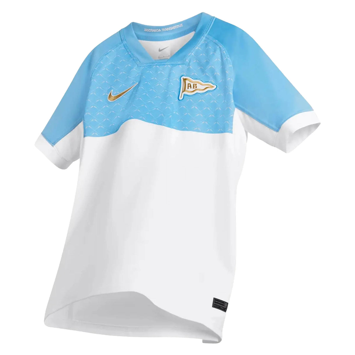 Aviron Bayonnais 26/27 Stadium Home Jersey by Nike featuring a light blue patterned top, white bottom, gold swoosh, and a gold and white pennant crest on the chest.