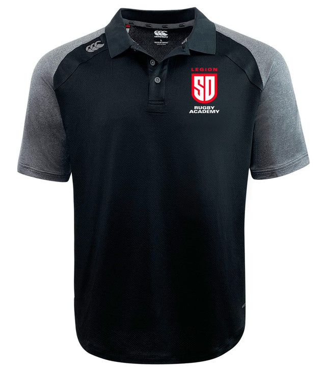 Discover the San Diego Legion Rugby Academy Elite Polo by EMB Canterbury: a black polo with gray sleeves, made from Vapodri fabric for lightweight durability. It features the "LEGION SD Rugby Academy" logo on the chest.