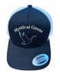 The Mystical Geese Retro Trucker Hat by EMB S&S Activewear features navy and white panels, “Mystical Geese” embroidered text, and a flying goose outline on the front, finished with a classic snapback closure for the perfect fit.