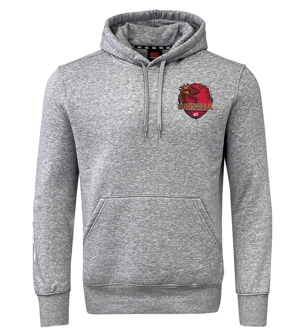 Light gray Godzilla RFC Embroidered Club Hoodie by EMB Canterbury, featuring a front pocket and a small red embroidered Godzilla graphic on the upper left chest, inspired by the classic Godzilla RFC hoodie design.