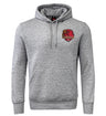 Light gray Godzilla RFC Embroidered Club Hoodie by EMB Canterbury, featuring a front pocket and a small red embroidered Godzilla graphic on the upper left chest, inspired by the classic Godzilla RFC hoodie design.