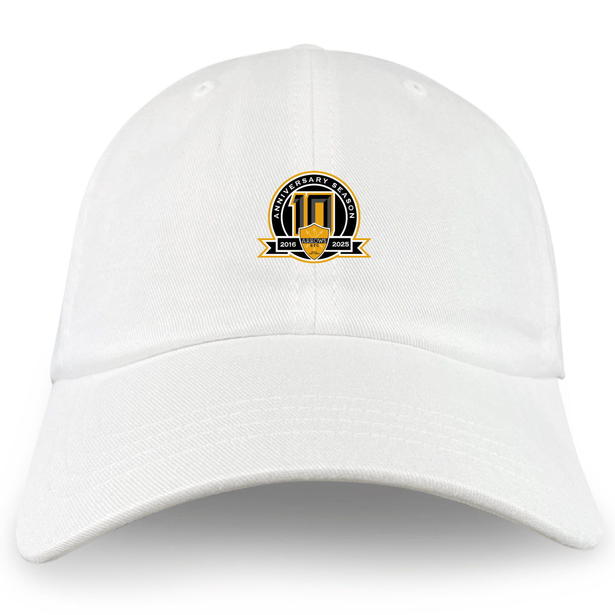 The Arrows Rugby Club 10th Anniversary Adult Low-Profile Cotton Twill Dad Cap by EMB S&S Activewear features a white cotton twill design with a gold and black "10th Anniversary Season 2014-2024" emblem embroidered front center.