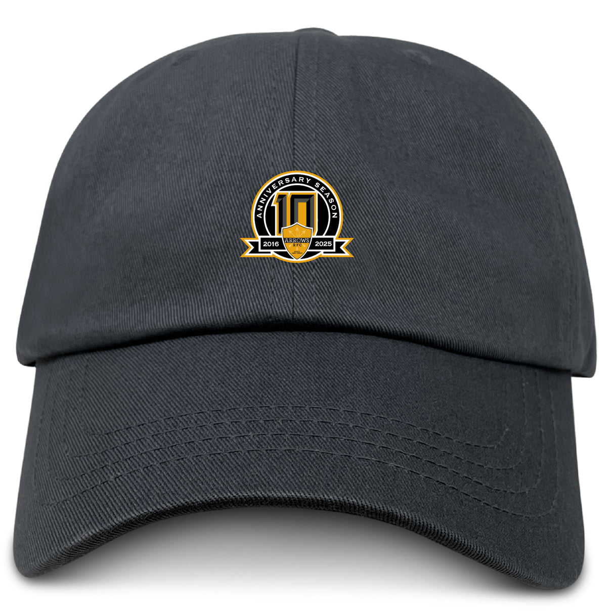 The Arrows Rugby Club 10th Anniversary Adult Low-Profile Cotton Twill Dad Cap by EMB S&S Activewear features a black twill design and gold/black emblem with 2013–2023 on the front in classic dad cap style.