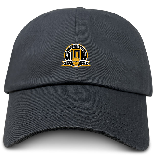 The Arrows Rugby Club 10th Anniversary Adult Low-Profile Cotton Twill Dad Cap by EMB S&S Activewear features a black twill design and gold/black emblem with 2013–2023 on the front in classic dad cap style.