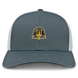 The Arrows Rugby Club 10th Anniversary Retro Trucker Cap by EMB S&S Activewear features a gray and white design, an embroidered black and gold "2003-2023" emblem on the front, and an adjustable snapback closure.